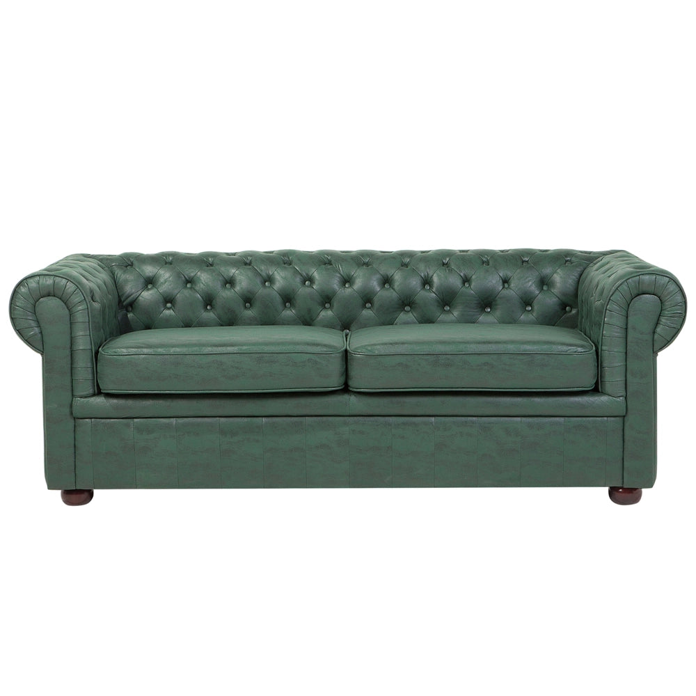 Divano Chesterfield Rivestimento in ecopelle verde Gambe in legno scuro 3 posti contemporaneo