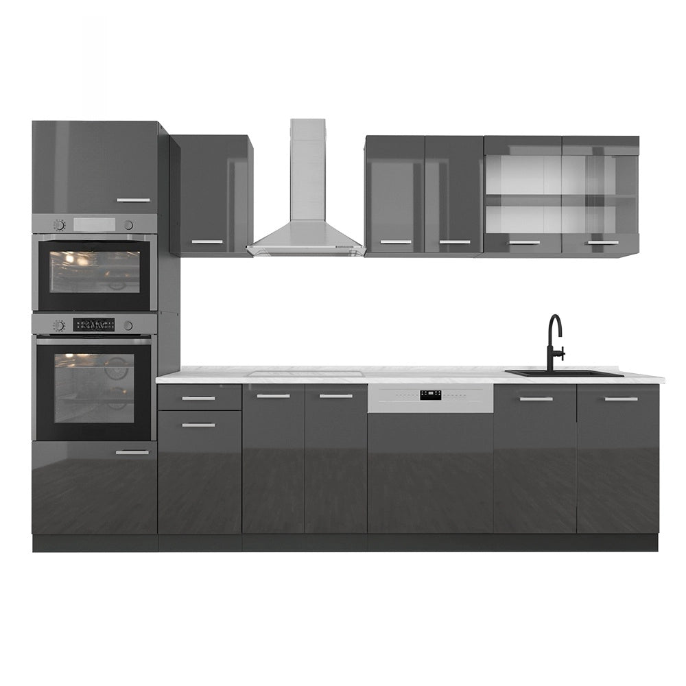 Cucina componibile R-Line Antracite lucido/Antracite 300 cm con armadio alto, PL Marmo Vicco