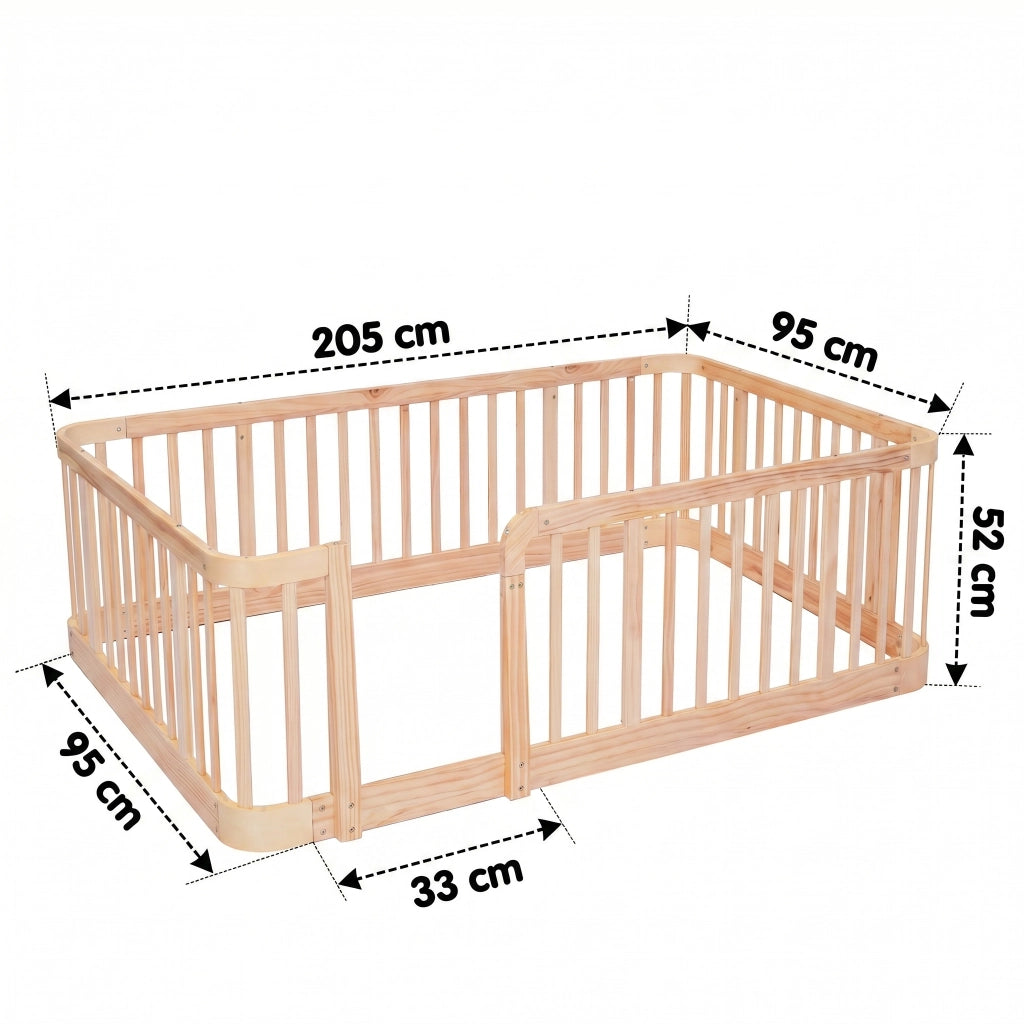 Recinto modulare per bambini 90 × 200 cm, barriere di sicurezza da 7 cm, angoli arrotondati, senza materasso, in legno, naturale