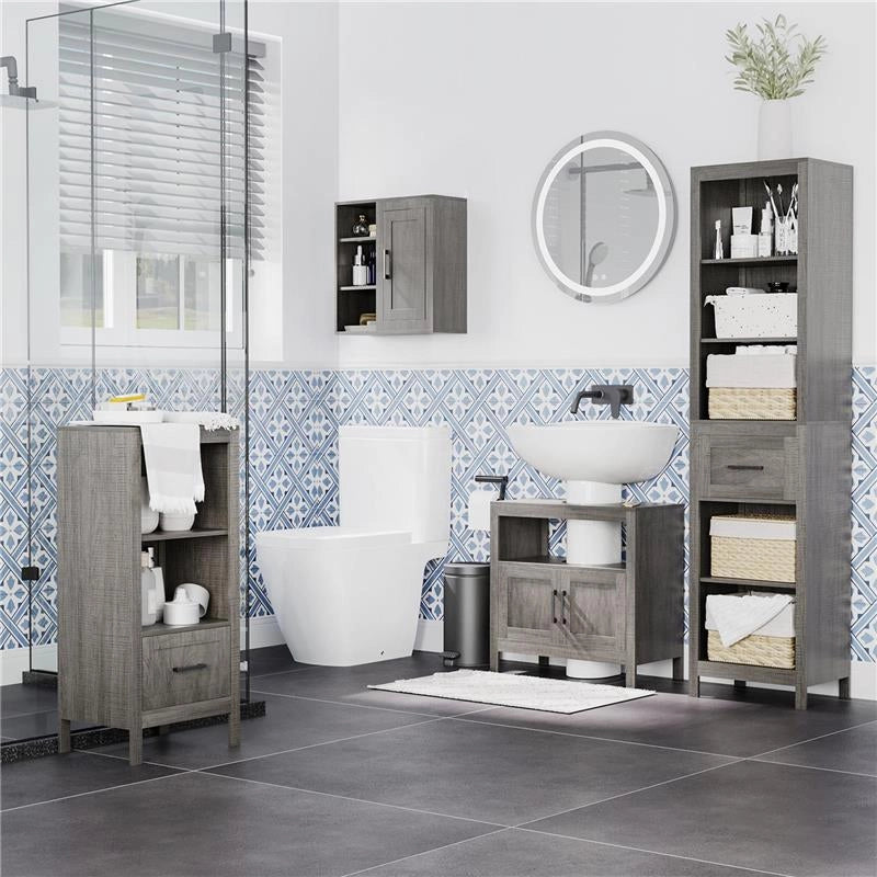 PENSILE BAGNO CON 3 RIPIANI APERTI E ARMADIETTO IN LEGNO TRUCIOLARE, 48X20X50CM, GRIGIO