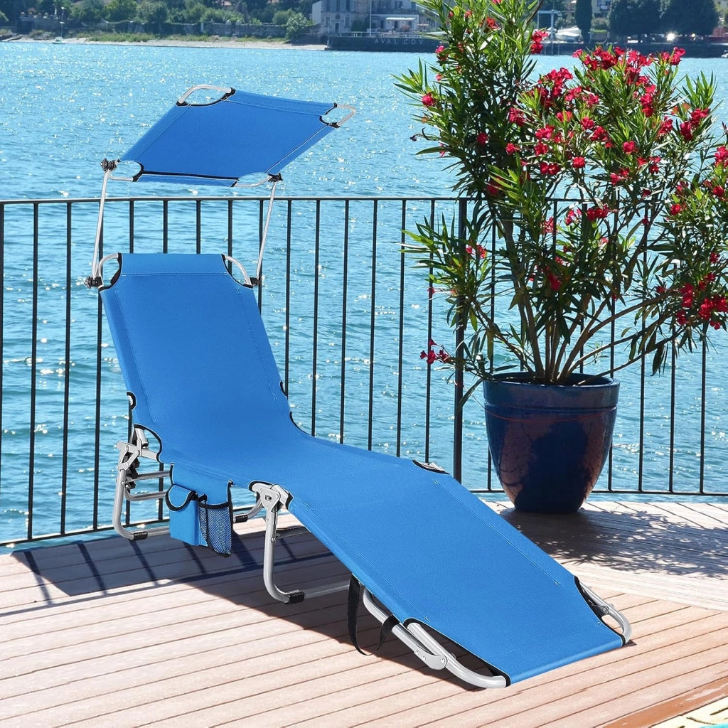 Set di 2 sedie a sdraio con tetto, sdraio da giardino, pieghevole, sdraio da campeggio, schienale regolabile, sedia a sdraio con tasca laterale, lettino da viaggio, portata fino a 150 kg (blu)