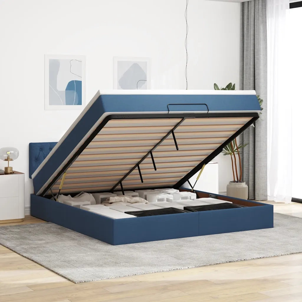 Struttura Letto Pouf con Materasso Blu 160x200 cm in Tessuto 3312408