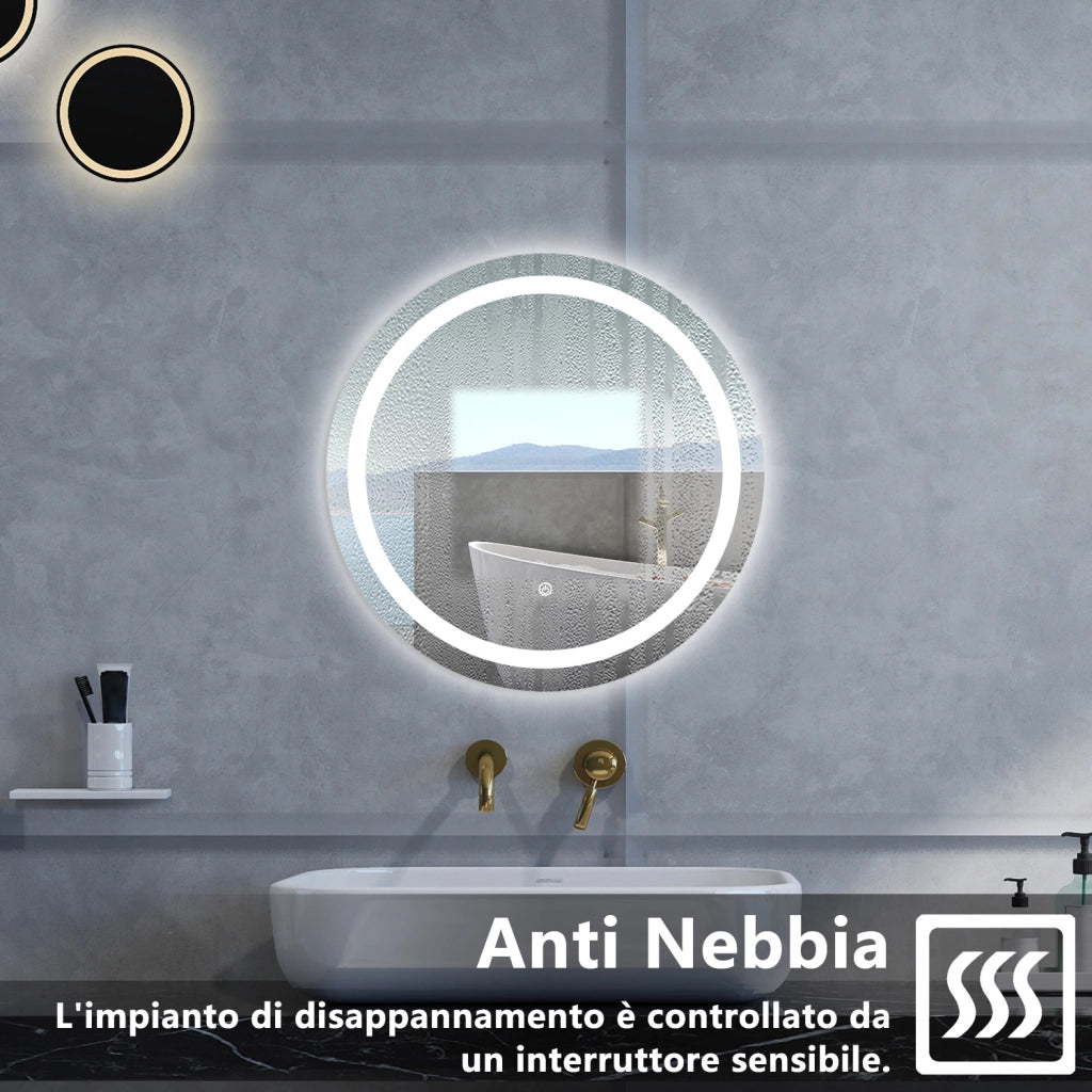 Specchio da bagno Rotondo con 60cm,Memoria, Antifog,Regorabile,Retroilluminato,doppio interruttore,