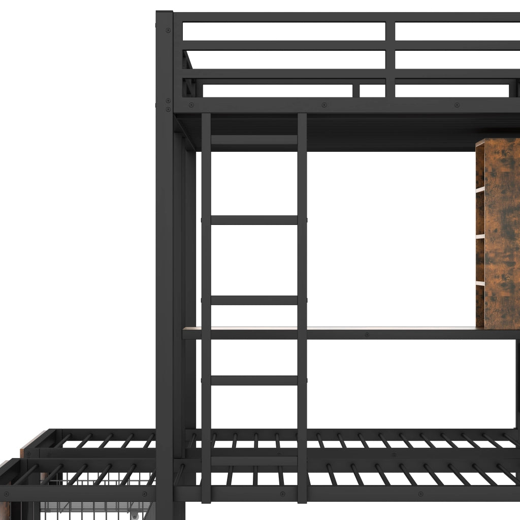 Letto a Castello 140×200 cm e 90×200 cm; 3 Posti con 2 Cassetti; Vani e Scaffali; senza Materasso; Nero