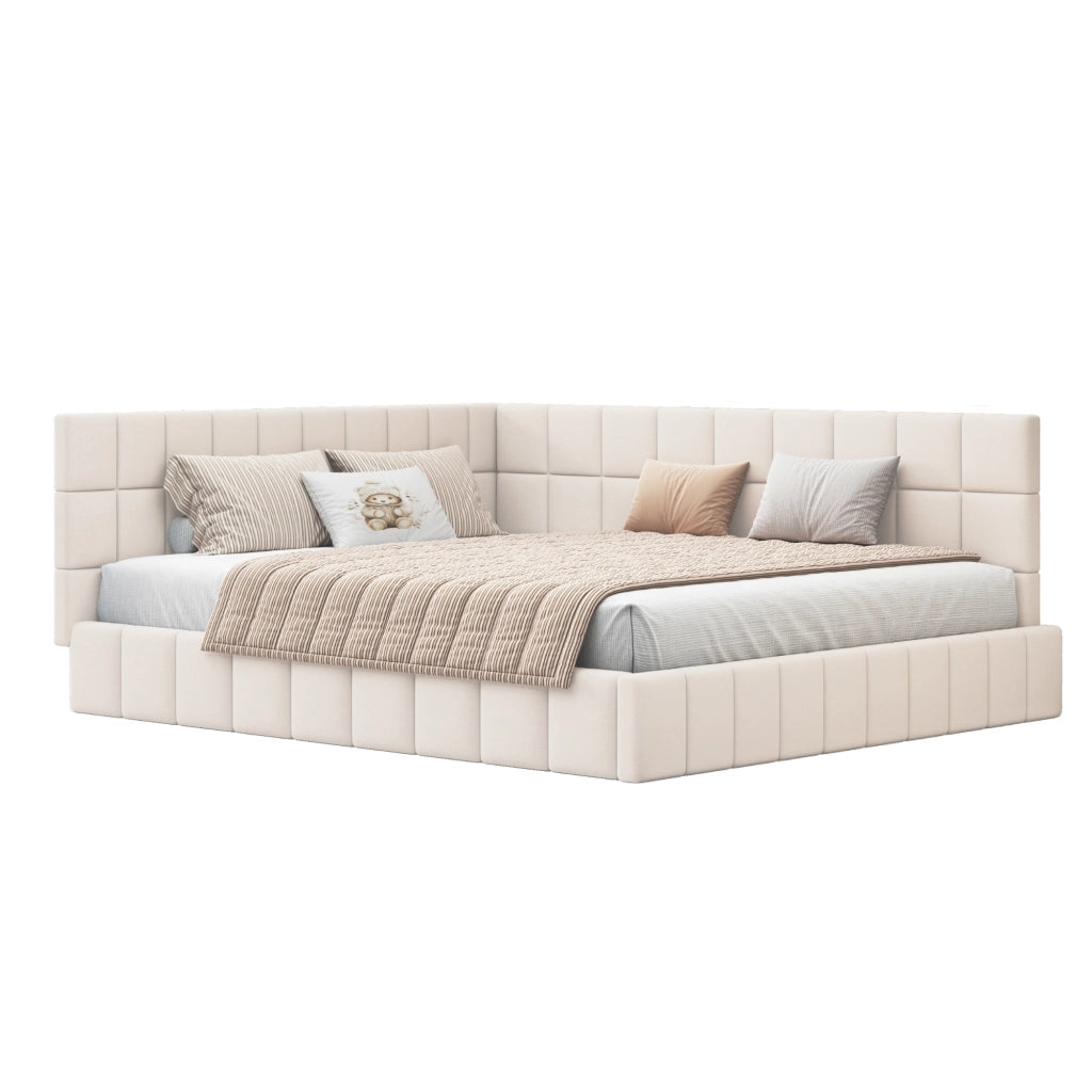 OKWISH Letto Divano 160×200 cm, Letto Matrimoniale con Schienale e Bracciolo, Schienale Reversibile, senza Materasso, Imbottito, Beige