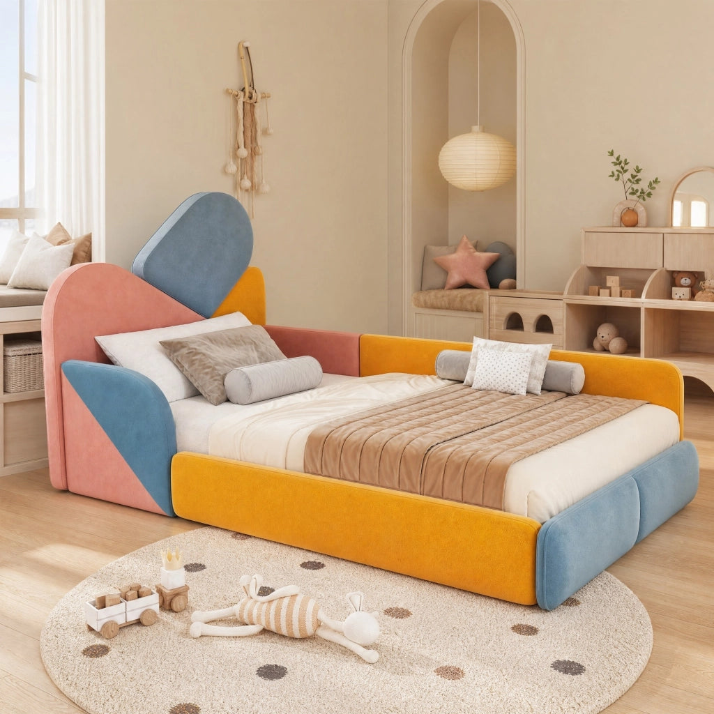 Letto per bambini basso 90 × 200 cm con sponde rialzate, senza materasso, in velluto, blu multicolore