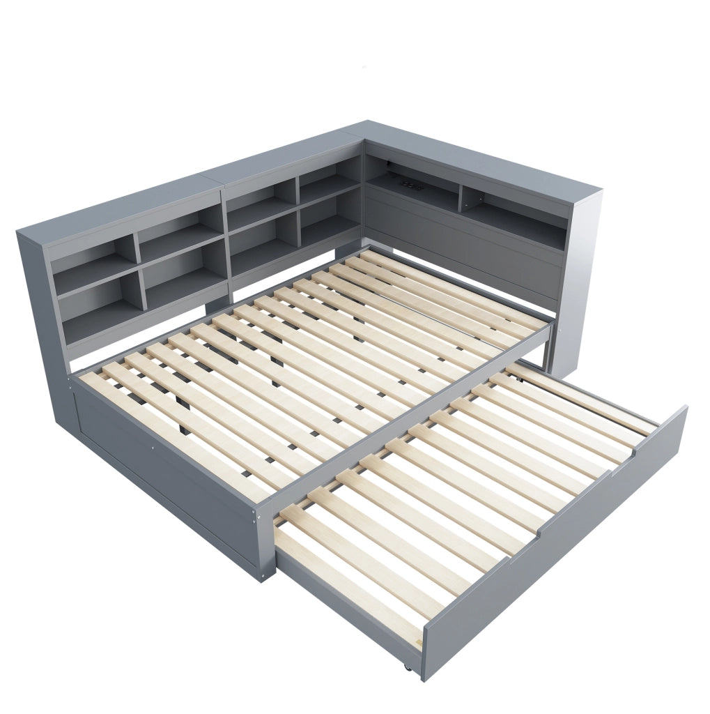 Letto 140x200 cm con USB e vani portaoggetti in legno grigio