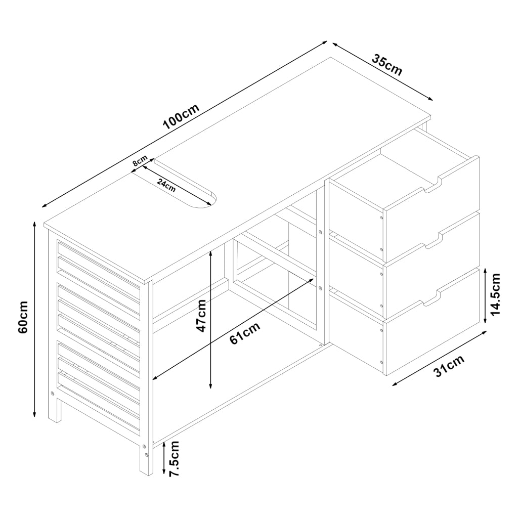 Mobile Sottolavabo Boksereys con Scomparto Chiuso e 3 Cassetti 60 x 100 x 35 cm - Bambù Naturale [en.casa]