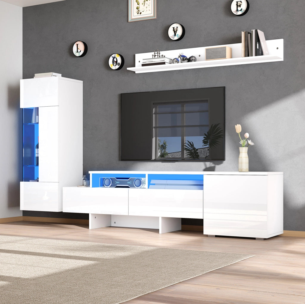 Set mobile TV 3 pezzi bianco lucido con LED e ante acriliche