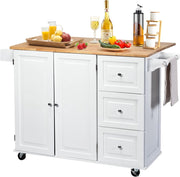 Carrello da Cucina, Credenza Mobile Salvaspazio, Ruote con 2 Freni, Piano Pieghevole, 2 Ripiani Regolabili, 3 Cassetti, 2 Ante, Portaspezie e Portasciugamano, 111x76x91 cm, Bianco