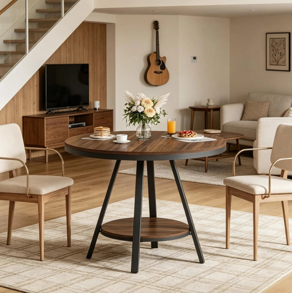 Tavolo da pranzo rotondo ULEVR ? 90 cm con ripiano inferiore, MDF e metallo, nero e marrone rustico
