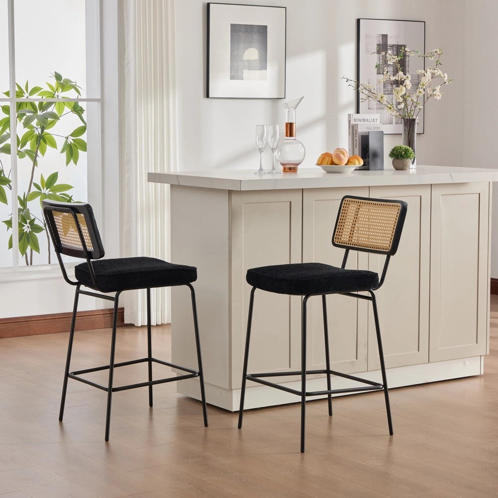 Sgabello Alto da Bar ¨C MINIMAL ¨C Chenille, Rattan, Gambe in Metallo, Nero, Set 2 Pezzi