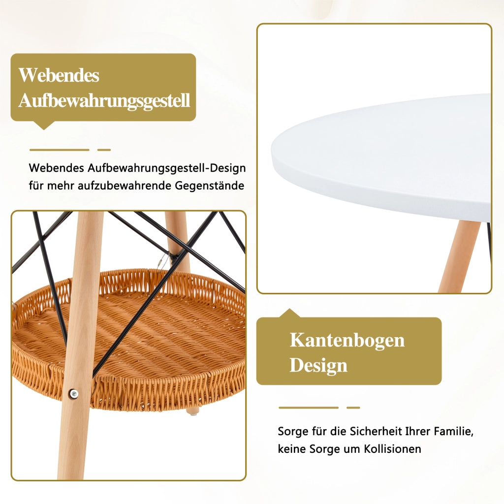 Tavolo da pranzo rotondo con cestello sospeso, 2-4 posti, in MDF e legno massiccio, per piccoli spazi, bianco, Ø 80 cm