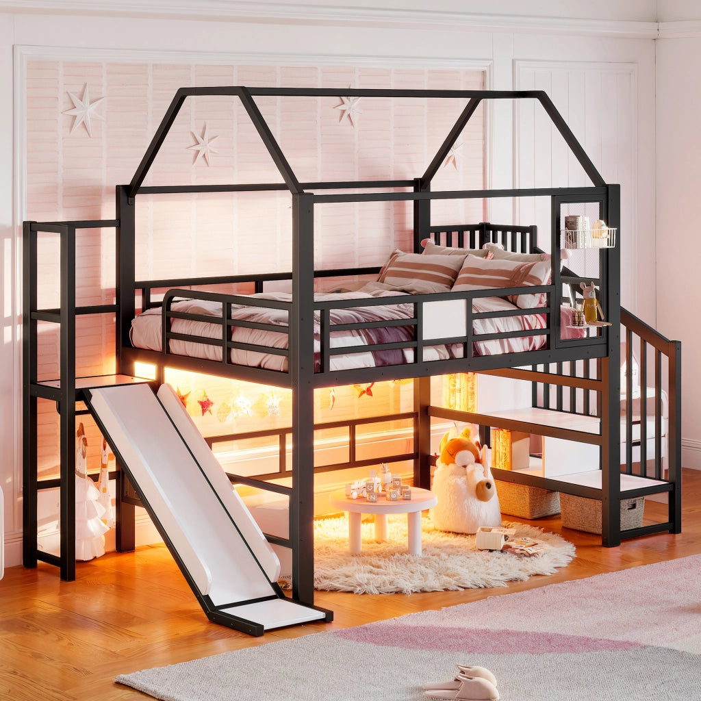 Letto a soppalco per bambini con scivolo; LED Bluetooth e scala; 140 x 200 cm; nero