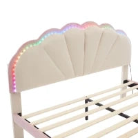 Letto imbottito con strisce luminose multicolore e testiera ondulata, senza materasso, 140×200 cm, Bianco+Rosa