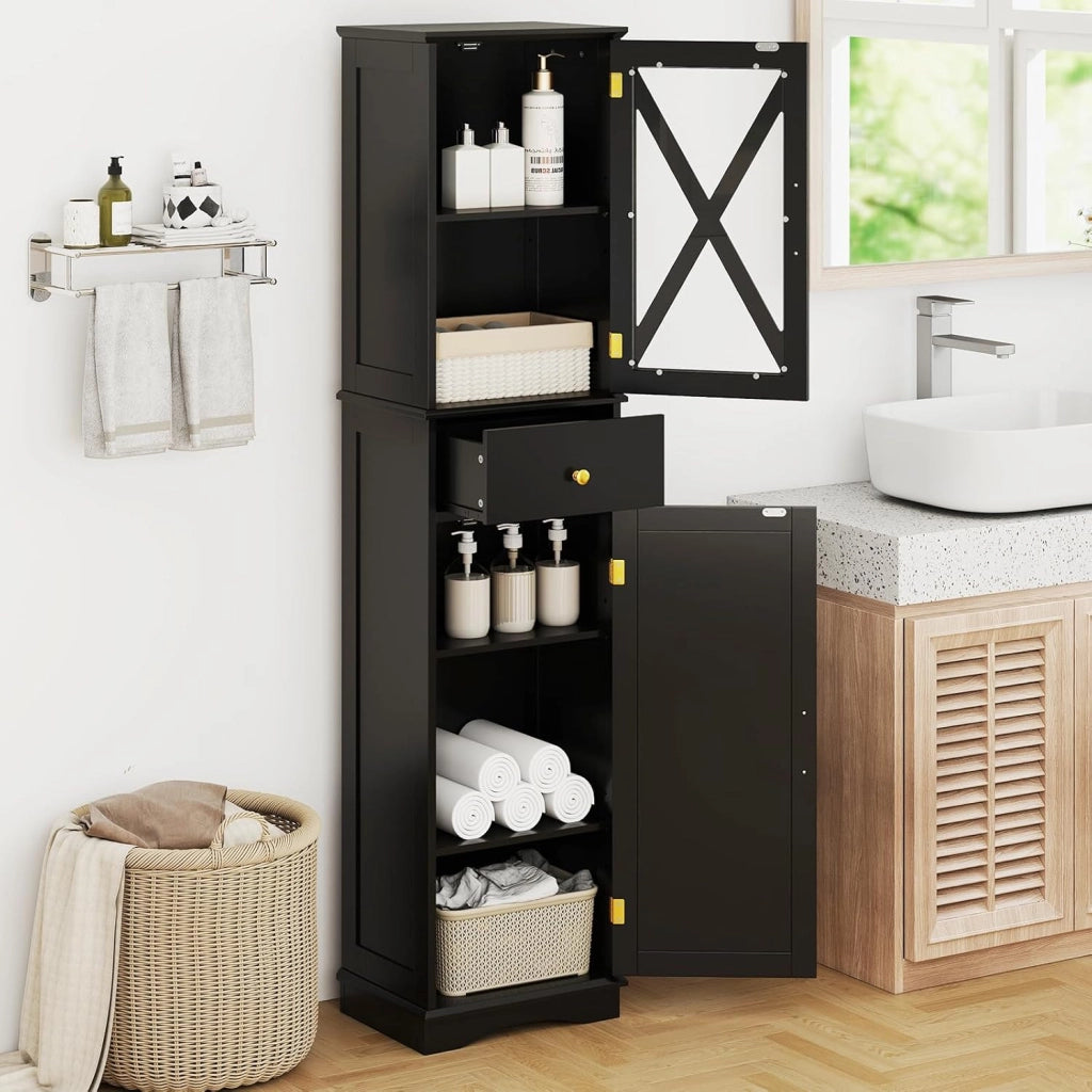 Armadietto da bagno, sottile con 2 ante, 1 cassetto e 3 ripiani regolabili, 40 x 30 x 168 cm, per cucina, soggiorno, bagno, ufficio (nero)