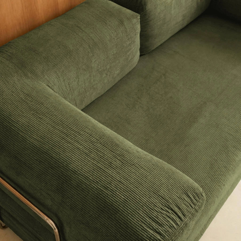 Divano letto futon in velluto a coste e struttura cromata, verde kaki