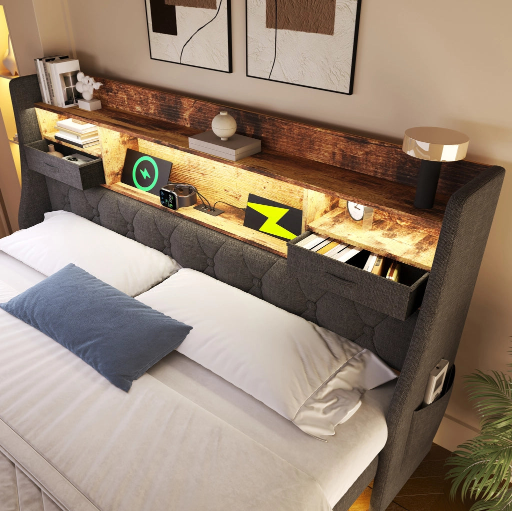 Letto matrimoniale 180x200 cm con LED, USB e vano testata