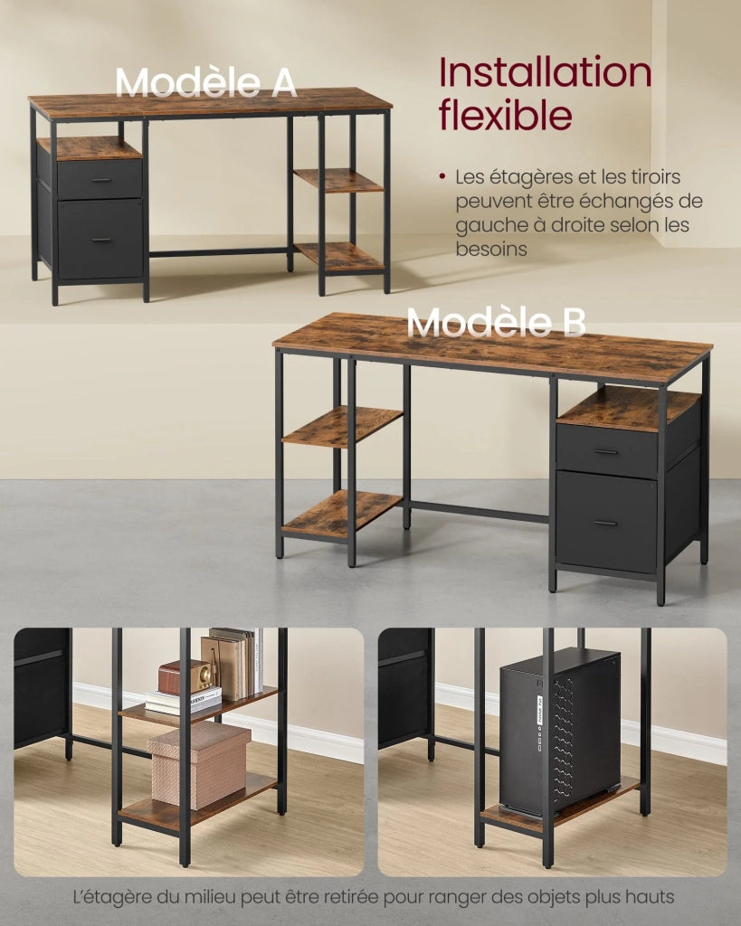Scrivania per computer con spazio di archiviazione 3 ripiani 2 cassetti 60 x 140 x 76 cm per ufficio/soggiorno stile industriale marrone rustico e nero 12_0004569