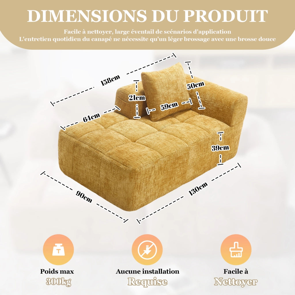 Chaise Longue con Cuscino e Tasche Laterali; Seduta Imbottita in Ciniglia Giallo; 158 × 90 × 60 cm
