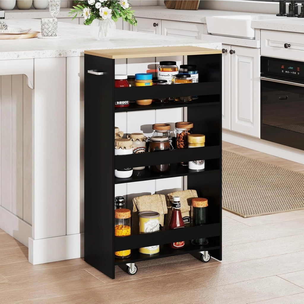Carrello per Nicchia con Ruote, 4 Livelli，Carrello di Servizio Stretto Salvaspazio, da Bagno, Scaffale da Cucina Sottile 47,5 x 13 x 80,5 cm (Naturale+Nero, Largo 25 cm)