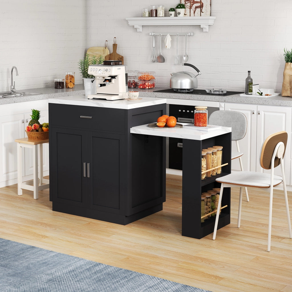 Isola da Cucina con Tavolo Estensibile 2-6 Persone; 2 Prese; 2 USB; 2 Cassetti e Mobile Contenitore