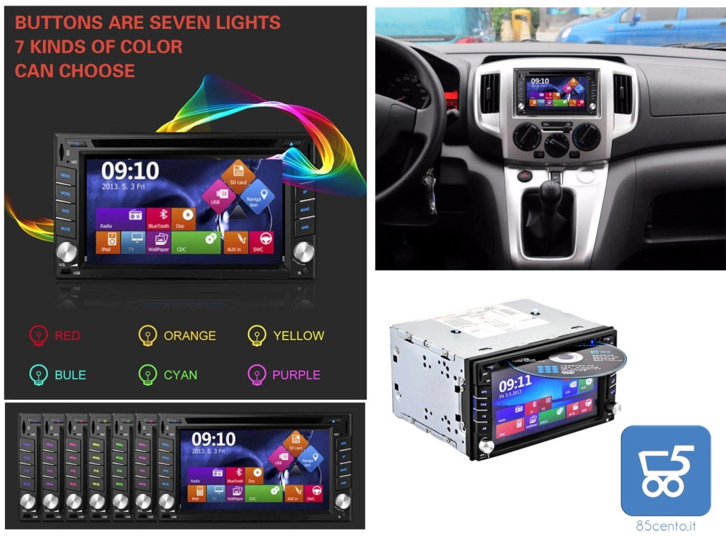 Autoradio 2din HD 16:9 Bluetooth 7" a Colori GPS Navigatore Stereo DVD CD Player