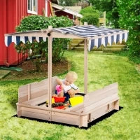 Sabbiera per Bambini in Legno con Tettuccio Parasole, Panca e Coperchio, 106x106x115 cm Bianco e Blu