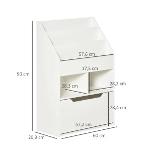Libreria per bambini con cassetto, 3 ripiani e 2 vani aperti, bianca, 60 x 29,9 x 90 cm