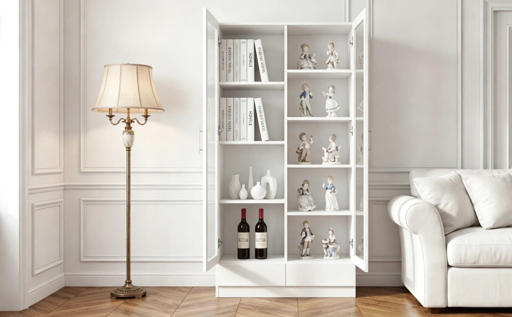 Vetrina con ante in vetro e 2 cassetti, 9 vani e ripiani, per soggiorno e ufficio, bianco, 80 × 40 × 160 cm