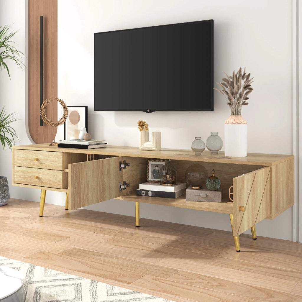 Mobile TV 160x36x42 cm; design a rilievo con 2 cassetti; MDF e truciolare; colore naturale