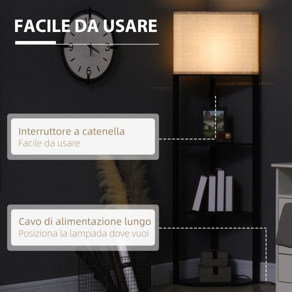Easycomfort Lampada da Terra Angolare con Ripiani e Paralume in Tessuto, 50x37x159cm, Nero
