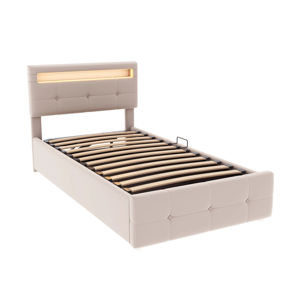 Letto imbottito 90x200 cm; con luci LED; velluto beige (Senza materasso)