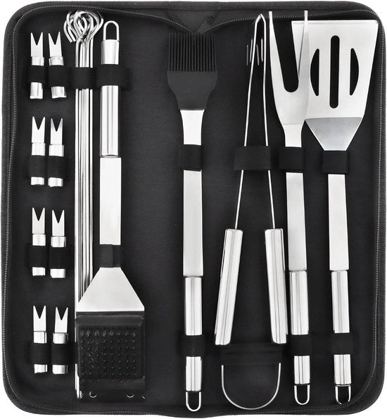 Set di accessori per barbecue in acciaio inossidabile - 20 pezzi - con valigetta per camper e camperisti
