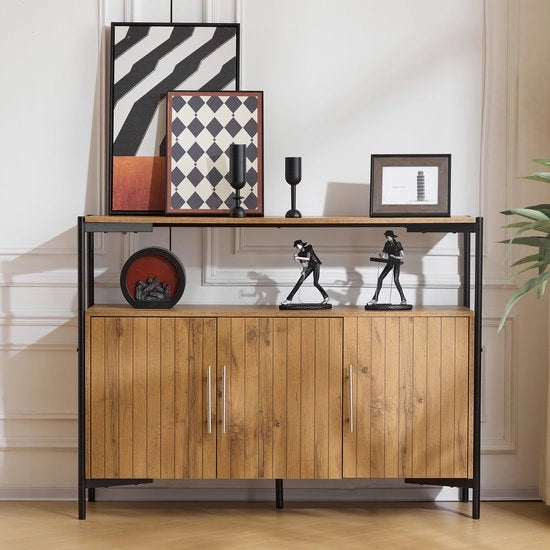 Dressoio con 3 Porte e Pannelli Regolabili, Naturale, 120 cm, Progetto Industriale, per soggiorno, sala da pranzo e ingresso, dimensioni: H 90 cm / B 120 cm / D 35 cm