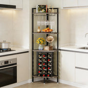 Scaffale angolare portabottiglie freestanding a 4 livelli con portabicchieri, MDF e metallo grigio