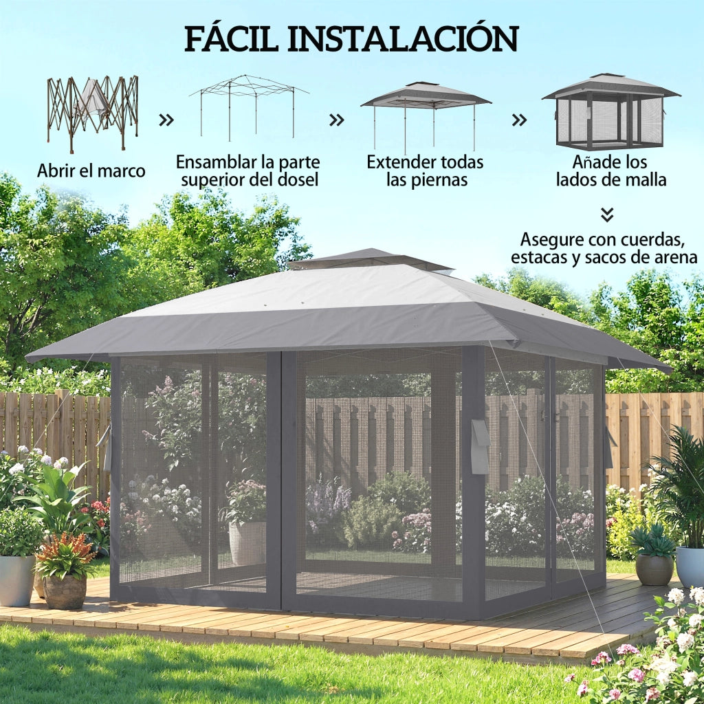Tenda da Giardino Pieghevole 4x4 m con Doppio Tetto e Laterali in Reticolo ¨C zephmum ¨C Grigio