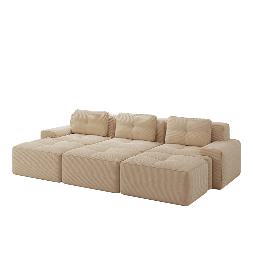 Divano Angolare Modulare 3 Posti con Letto ¨C MINIMAL ¨C Tessuto a Coste Beige con Pouf
