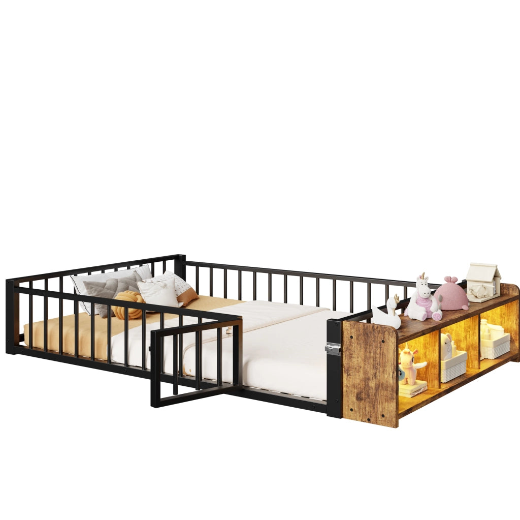 Letto per bambini in metallo 140x200 cm con LED e vano, nero