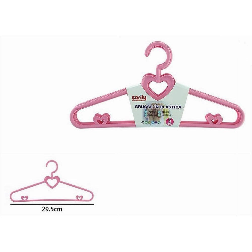 Trade Shop - Set 5 Pz Grucce Stampelle Con Cuori Appendiabiti In Plastica Rosa Vestiti 87679 -