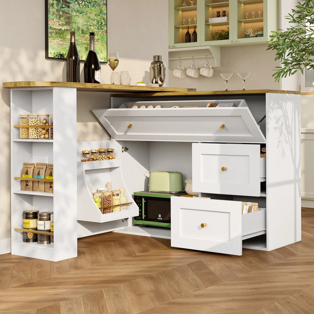 Tavolo Bar Estensibile con 2 Cassetti a Ribalta; Vani Contenitore e Piano Girevole; in MDF; 138-204x39x105 cm; Bianco