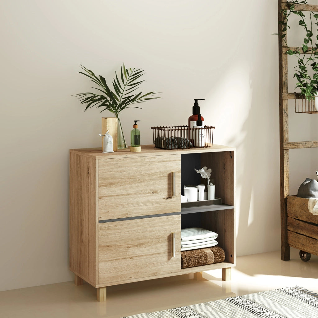 Mobile da bagno con ante e ripiani aperti ¨C Zephmum ¨C Legno naturale 80x35x70 cm