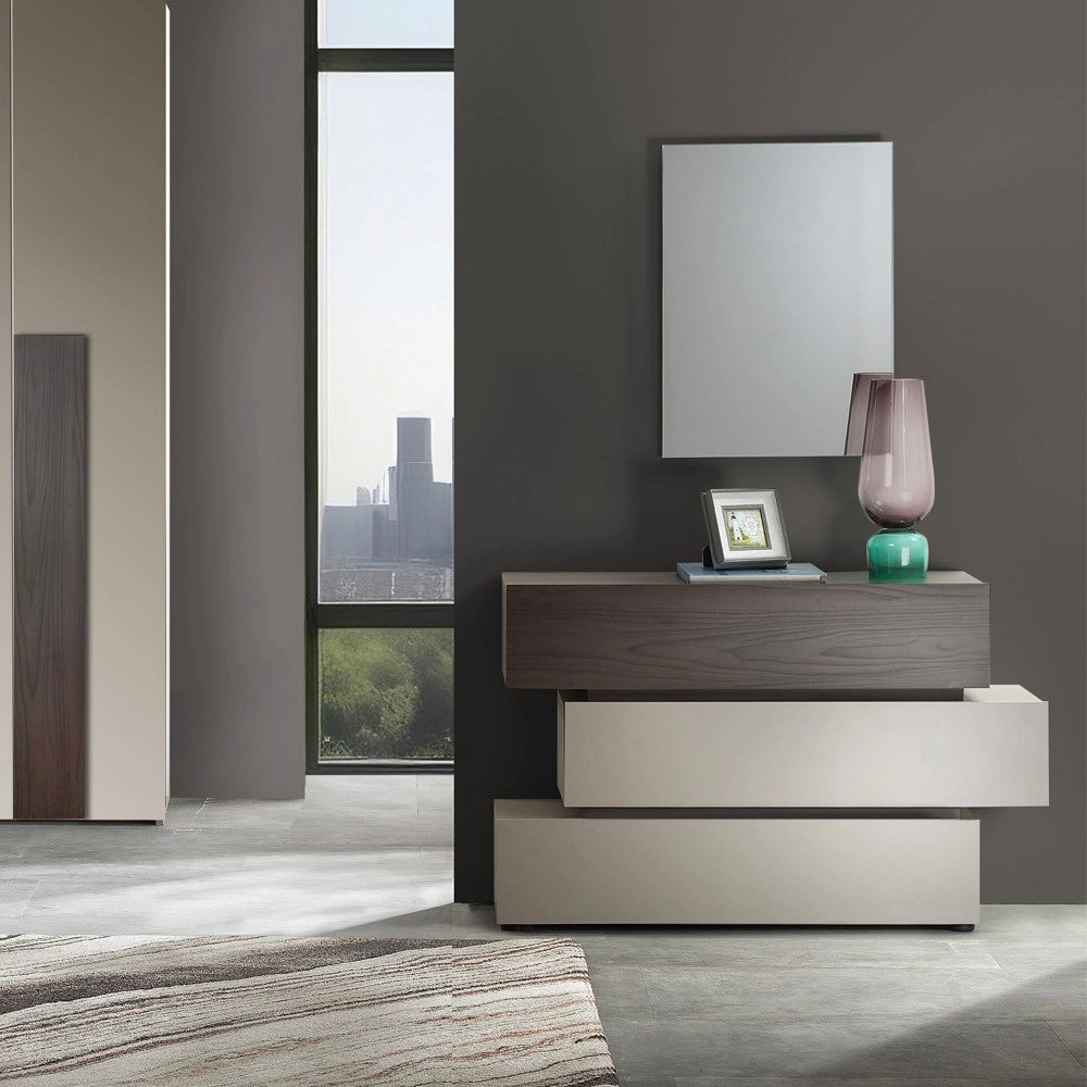 Camera da letto completa Kendra con armadio 6 ante battenti e letto contenitore imbottito tortora noce