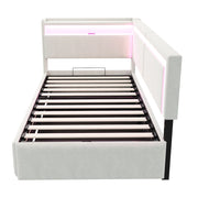 Letto singolo contenitore 90×200 cm con LED; USB; testiera con ripiani; senza materasso; velluto beige