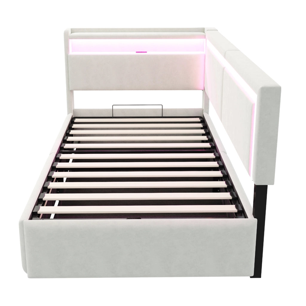 Letto singolo contenitore 90×200 cm con LED; USB; testiera con ripiani; senza materasso; velluto beige