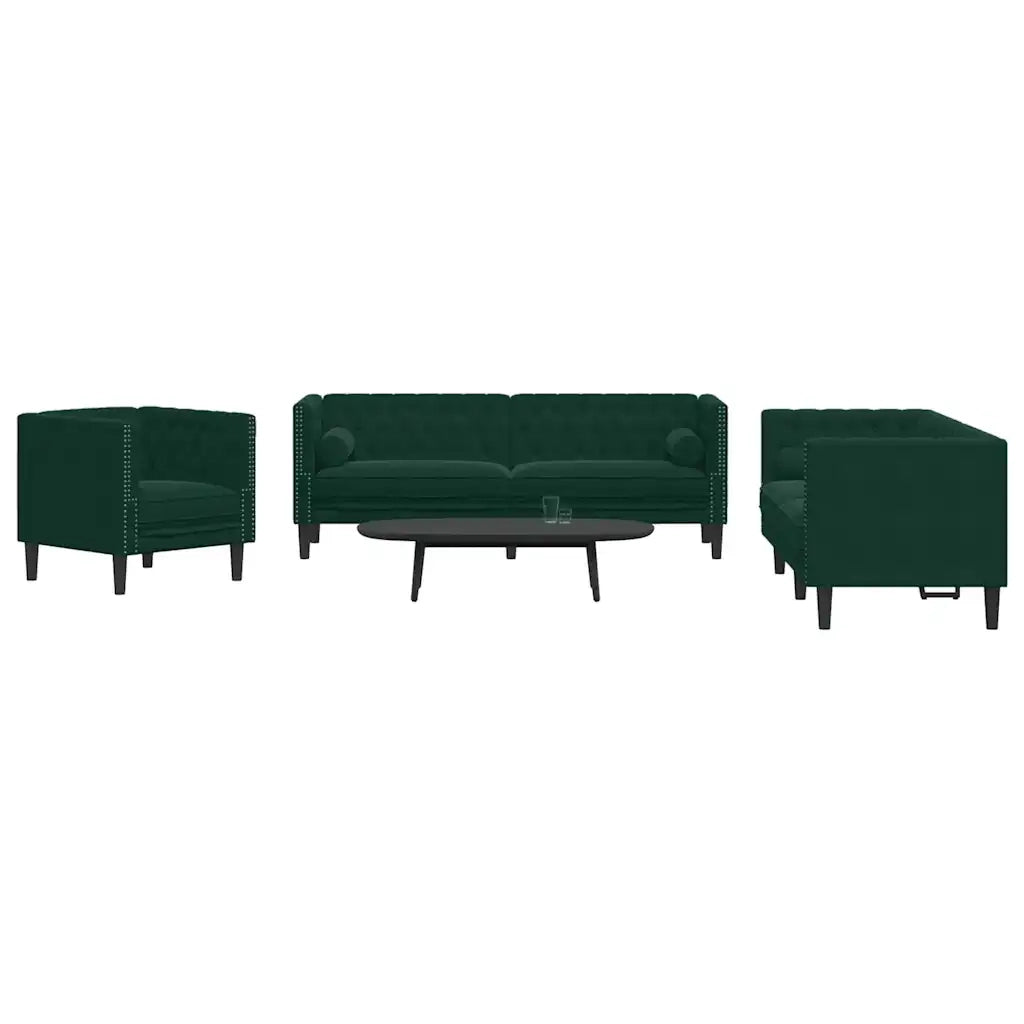 vidaXL Set Divani Chesterfield 3pz con Cuscini Verde Scuro Velluto