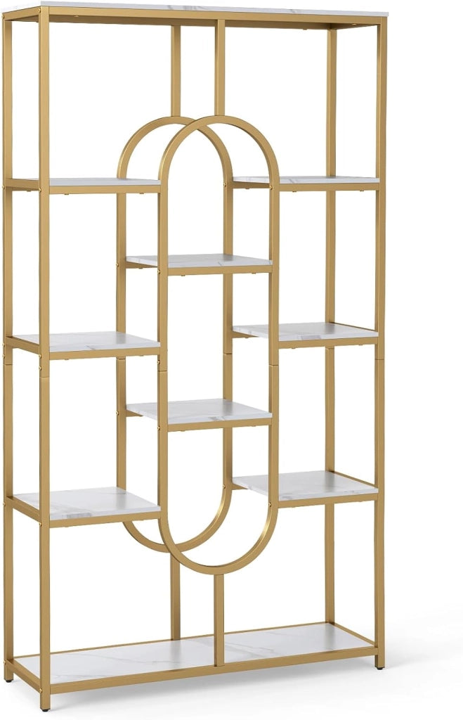Libreria geometrica per carichi pesanti con telaio in metallo e protezione antiribaltamento, scaffale divisorio per libri, riviste e piante, 95 x 30 x 175 cm (bianco + oro)