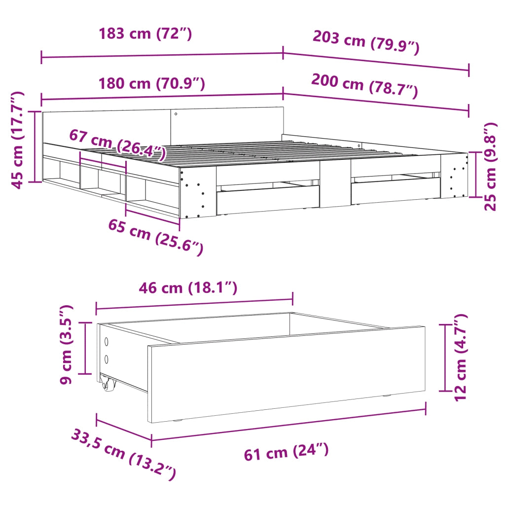 Giroletto con Cassetti Rovere Fumo 180x200 cm Legno Multistrato 3280731