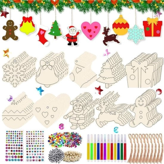 Decorazione di Natale per albero 224 pezzi - Sospensioni in legno - Non trattato - Attività di ricamo - Decorazione - Foro predrillato - Decorazioni di Natale