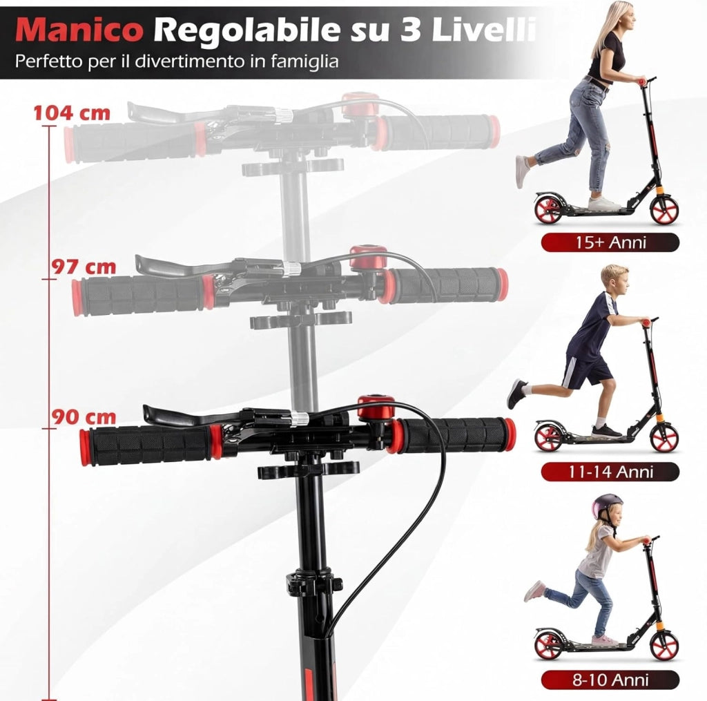Monopattino Bambini e Adulti, Monopattino a Spinta Pieghevole e Regolabile in 3 Altezze, Monopattino Portatile con 2 Ruote, Cavalletto, Freno e Pedale Antiscivolo, Portata 100 kg
